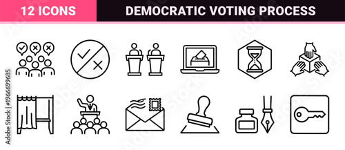 Civic Engagement and Democratic Process Linear Icon Set Featuring Minimalist Monoline Symbols for Election Voting and Social Issues.