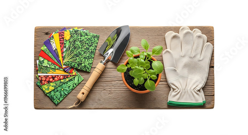 Gardening tools and seed packets arranged on a rustic wooden board for spring planting preparation and home vegetable garden isolated on a transparent background