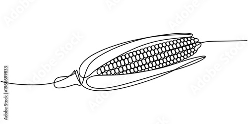 Maize ear in continuous line art drawing style. Corn cob black linear sketch isolated on white background. Vector illustration, Continuous one line drawing of corn icon in silhouette on a white back.