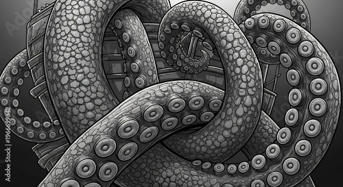 monstrous kraken tentacles attacking an old sunken wooden ship wreck