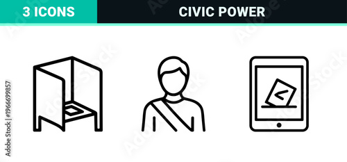Civic Engagement and Democratic Process Line Art: Minimalist monoline geometric symbols for government, voting, and social justice.