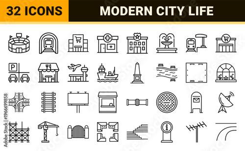 Urban Infrastructure and City Planning Geometric Line Art Featuring Minimalist Monoline Symbols for Modern Architectural Design Projects