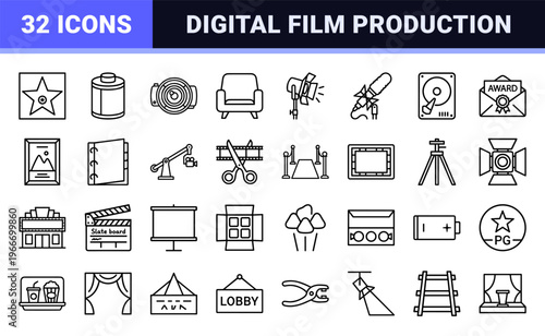 Cinema and Entertainment Industry Monoline Outlines for Movie Production, Digital Filmmaking, and Theater Multimedia Graphic Resources