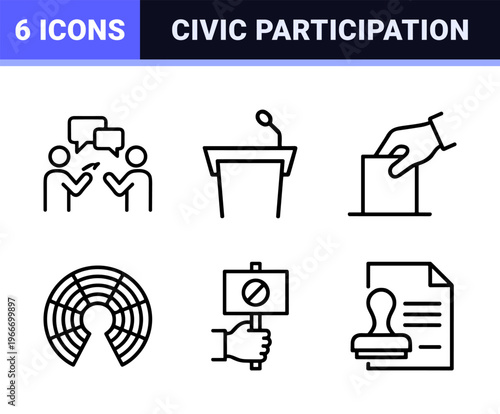 Civic Engagement and Democratic Participation Minimalist Geometric Line Art Monoline Vector Icons for Government and Public Policy.