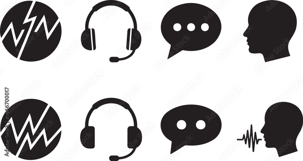Fototapeta premium Set of eight black icons representing communication sound waves and human profiles set against a transparent background
