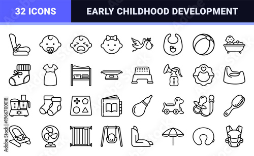 Minimalist Monoline Baby Care and Nursery Essentials Line Art, Clean Geometric Icons for Infant Development and Parenting Applications