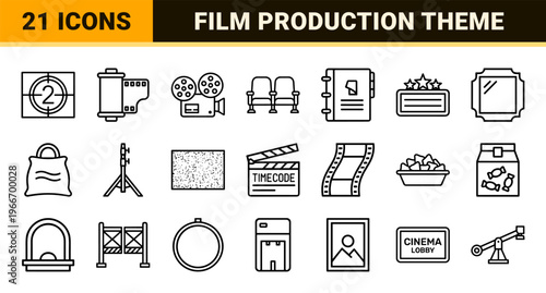 Cinema and Movie Production Linear Icon Set with Minimalist Geometric Line Art for Commercial Video Production and Digital Media Design