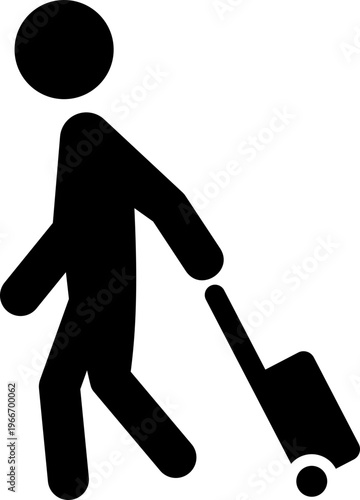 キャリーバッグを引いて歩く人物のモノクロアイコン（旅行・出張・スーツケース・観光・シルエット）