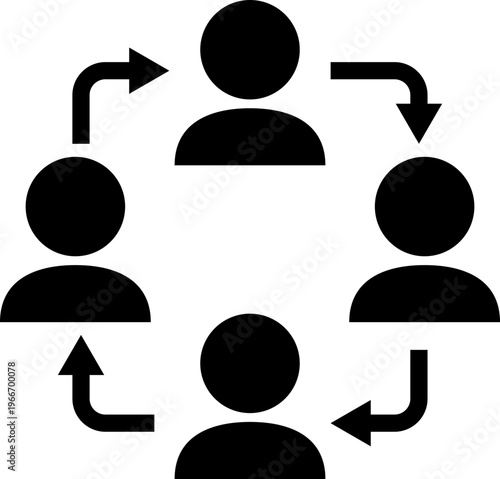 四人の人物と直角矢印の循環モノクロアイコン（システム・ワークフロー・組織・工程・サステナブル）