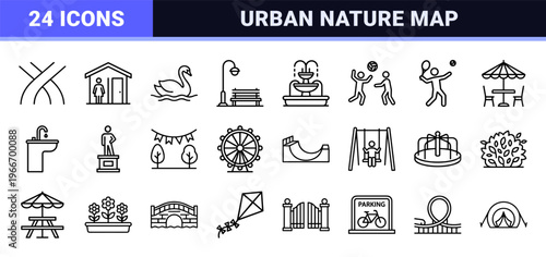 City Park and Urban Recreation Line Art: Minimalist Monoline Geometric Symbols for Outdoor Activity, Nature, and Public Infrastructure.