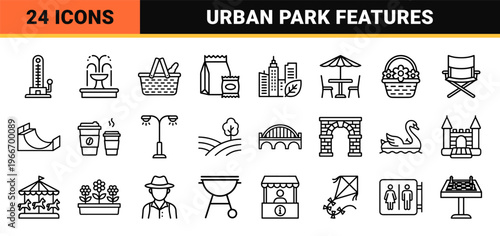 City Park and Outdoor Recreation Outline Symbols, Minimalist Monoline Geometric Line Art for Urban Planning and UI Design