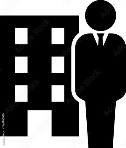 ビルとビジネスマンのモノクロアイコン（会社・法人・事務所・不動産・拠点・ビジネスマン・シルエット）