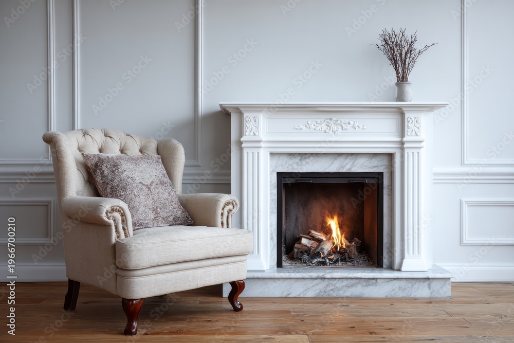 Fototapeta premium Cozy armchair and lit fireplace create a warm, inviting living space.