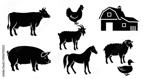 Livestock Farm Animal Silhouette Icon Set Cow Chicken Goat Vector Isolated on White