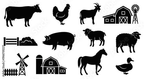 Livestock Farm Animal Silhouette Icon Set Cow Chicken Goat Vector Isolated on White
