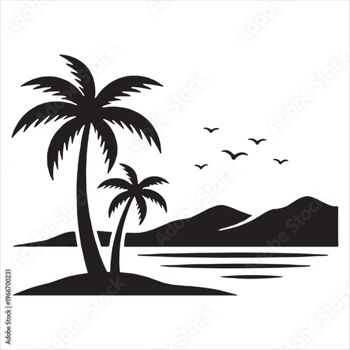 Idyllic tropical island escape silhouette, showcasing elegant palm trees, calm ocean waters, scenic distant mountains, and graceful birds in a serene setting vector design