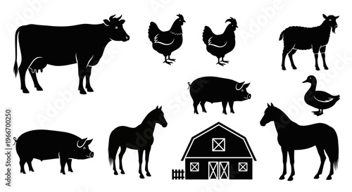 Livestock Farm Animal Silhouette Icon Set Cow Chicken Goat Vector Isolated on White