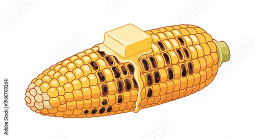 Grilled corn on cob with melting butter illustration yellow and black kernels food concept