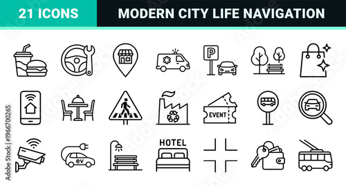 Urban Infrastructure and City Life Monoline Outline Icons featuring Metropolitan Navigation, Public Services, and Residential Architecture.
