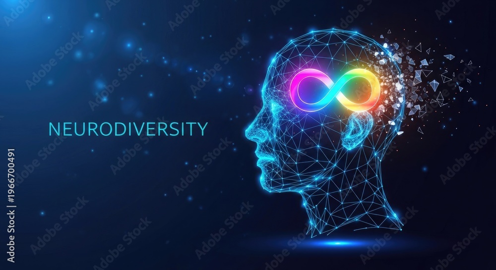 Fototapeta premium A glowing blue wireframe human head profile with a rainbow infinity symbol inside and dissolving particles at the back is displayed on a dark blue background.