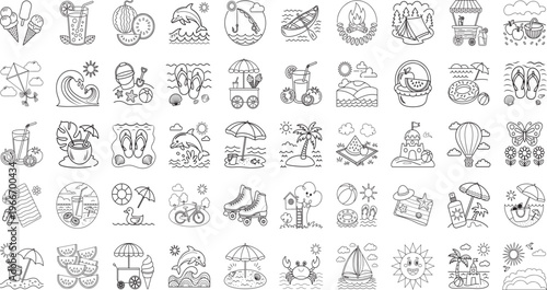 Summer Vacation Kawaii Doodle Collection – Hand-Drawn Black and White Travel, Beach, Holiday and Leisure Doodle Collection