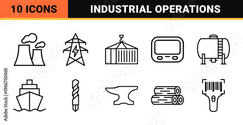Industrial Manufacturing and Smart Factory Line Art Graphics. Minimalist monoline geometric symbols for production and supply chain management.