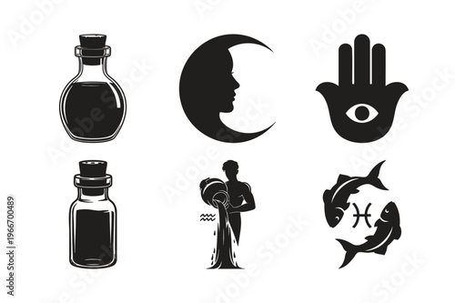 Magic potion bottles and celestial bodies silhouette set bundle on white.