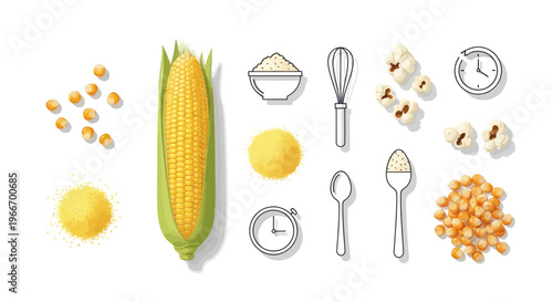 Corn ingredients collection with utensils and corn kernels on white background for cooking and recipe concepts