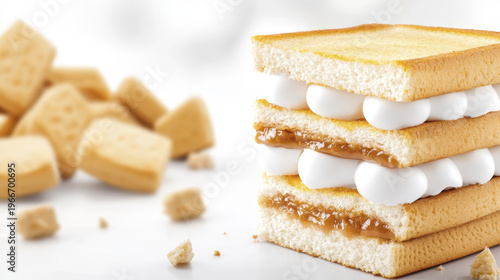Delicious dessert featuring layers of bread, cream, and caramel filling, evoking sense of sweetness and indulgence