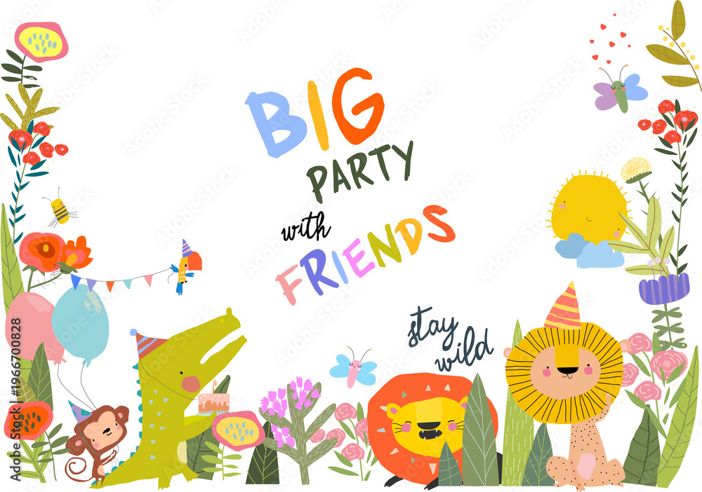 Fototapeta premium Cute Funny Animals celebrating Birthday. Vector Illustration