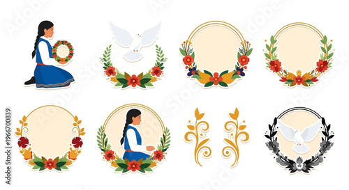 Floral wreaths with a girl and doves decorative elements on transparent background silhouette