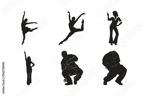Modern dance silhouette set bundle with hip hop and ballet artists.
