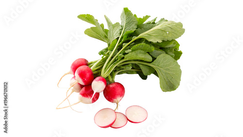 Tableau sur toile bunch of fresh radishes with green leaves with some sliced radishes isolated on