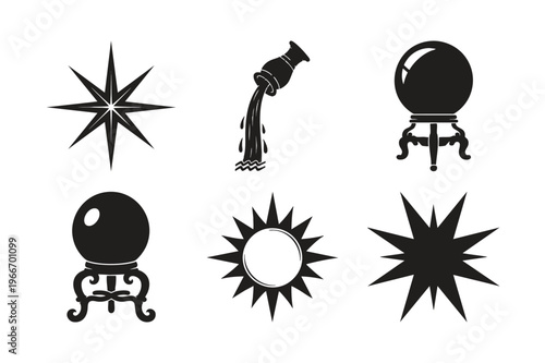 Mystical symbols and fortune telling items silhouette set bundle on white.