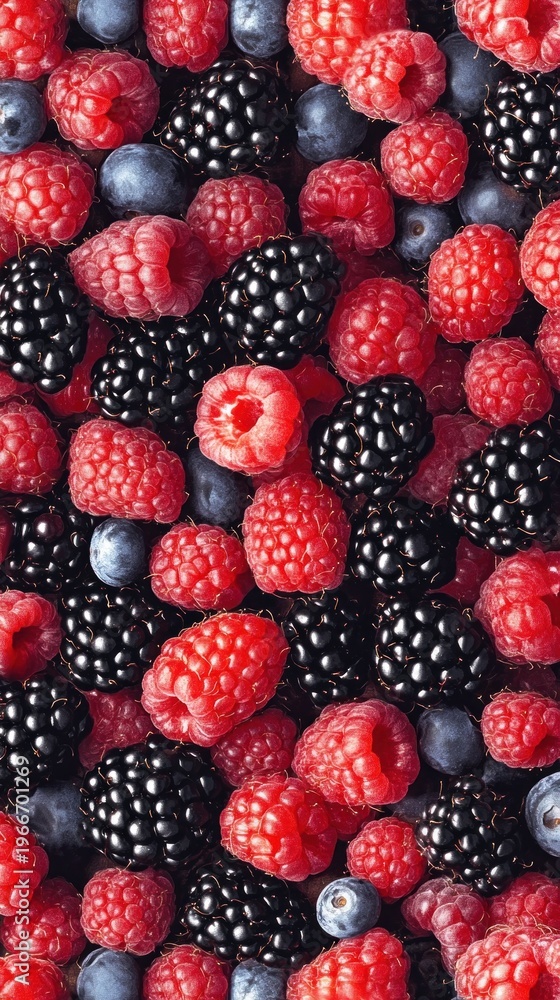 Fototapeta premium Fresh raspberry blackberry blueberry mix overhead