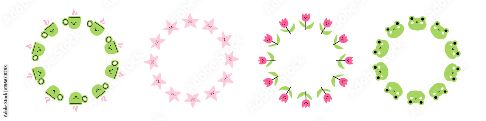 Fototapeta premium Vector set of cute round wreath frames with kawaii matcha tea cup, pastel star, pink tulip flower and smiling frog characters. Adorable doodle borders for kids invitation, logo, social media design.