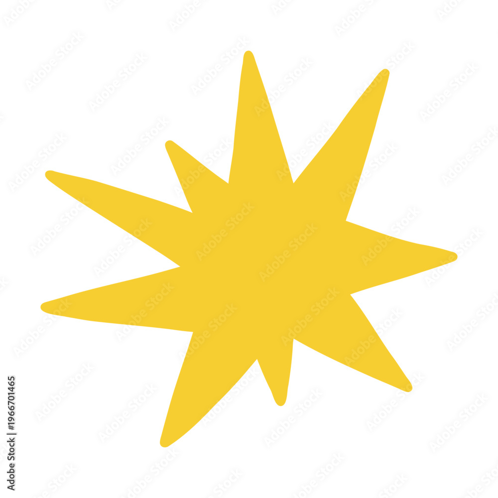 Obraz premium Vector kids yellow starburst with 9 sharp rays. Playful vibrant, eye catching design in flat style. Ideal for banners, badges, childrens graphics, icons.