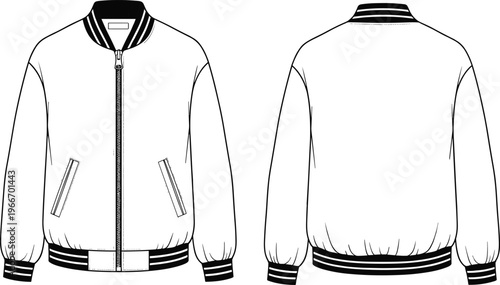 Bomber jacket technical fashion flat sketch zipper front rib collar cuffs waistband front back view apparel template garment vector
