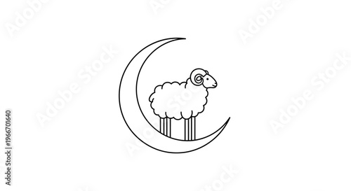 Line Art of Sheep on Crescent Moon, Eid al-Adha Symbol on Isolated White Background