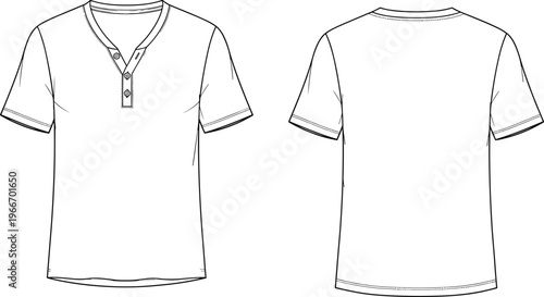 Men henley t shirt front and back view outline template isolated on white background, apparel mockup clothing design vector illustration