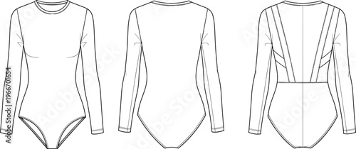 Long sleeve bodysuit technical fashion flat sketch front back views women's leotard template garment design vector outline apparel mockup for production and manufacturing