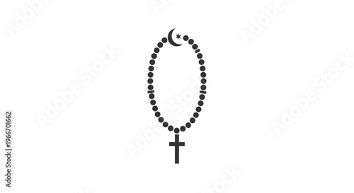 Rosary Beads with Cross and Crescent Moon Symbol, Religious Line Art on Isolated White Background