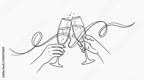 Minimalist line art illustration of hands clinking champagne flutes in celebration, wedding or party toast
