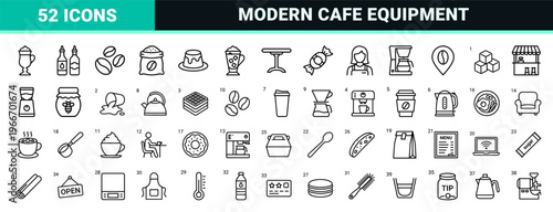 Coffee House Culture and Barista Equipment Minimalist Monoline Icon Set featuring Geometric Line Art for Commercial Cafe Branding.