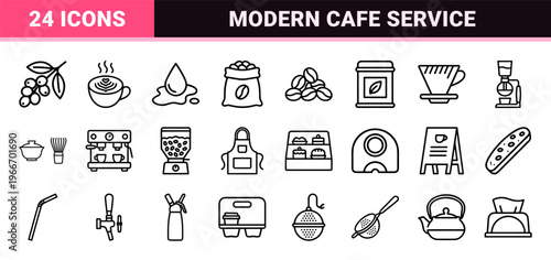 Specialty Coffee and Tea Culture Line Icons, Minimalist Monoline Geometric Aesthetic for Cafe Branding and UI Design