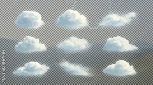 Twelve fluffy white cumulus clouds isolated on a transparent background for design, illustration, and image compositing