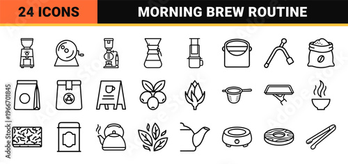 Specialty Coffee and Tea Culture Line Art; Minimalist Monoline Symbols for Cafe Branding, Menu Design, and Professional Beverage Service.