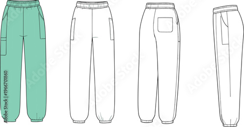 Women jogger pants technical fashion flat sketch elastic waistband sweatpants front back view apparel template garment design vector