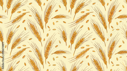 Seamless pattern of golden wheat stalks on a warm beige background for rustic decor, textiles, wallpaper, and harvest-themed design.