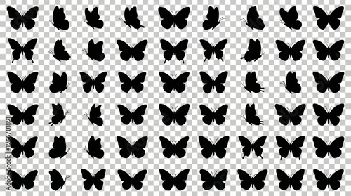 Seamless grid of black butterfly silhouettes forming a repeating pattern for textiles, wallpaper, and decor.